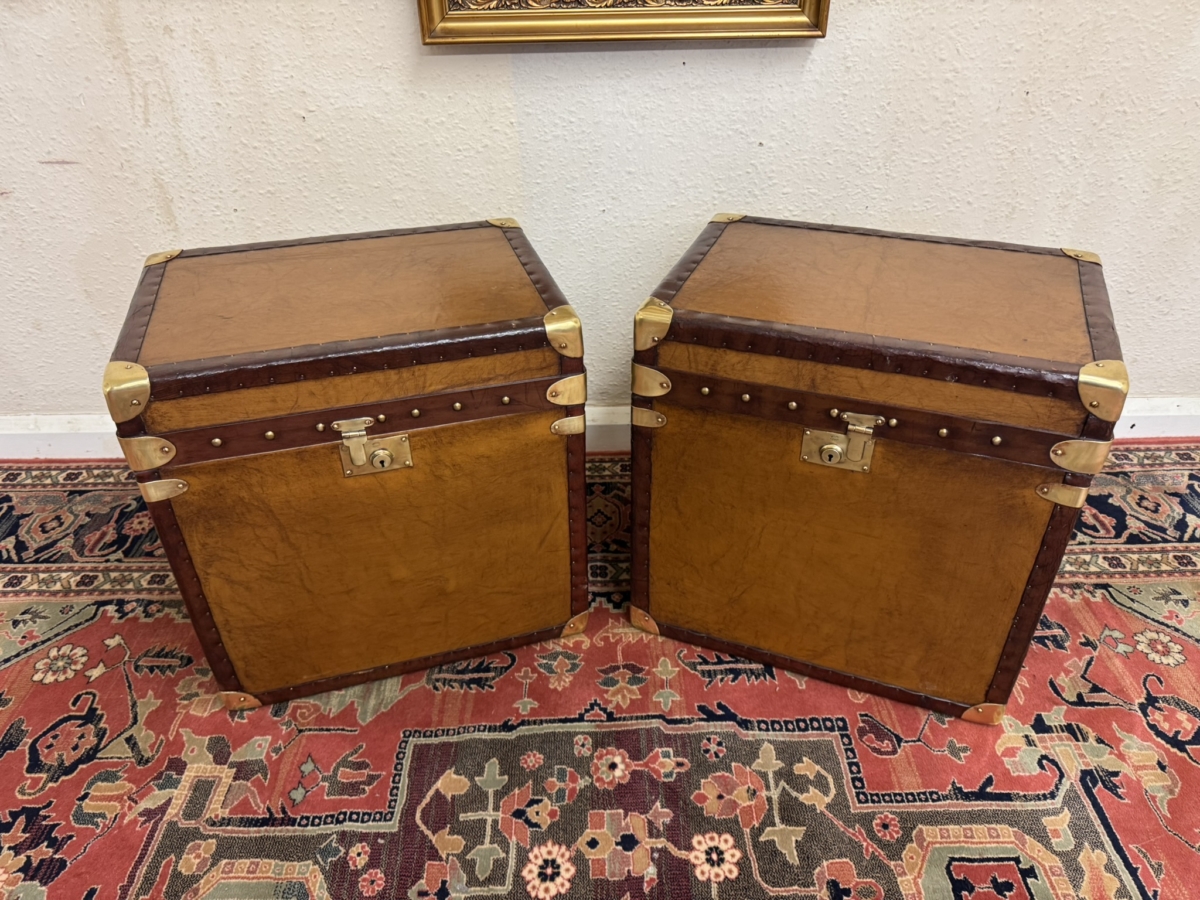 STUNNING PAIR OF TAN LEATHER AND BRASS END TABLES/BOXES/TRUNKS - Image 3