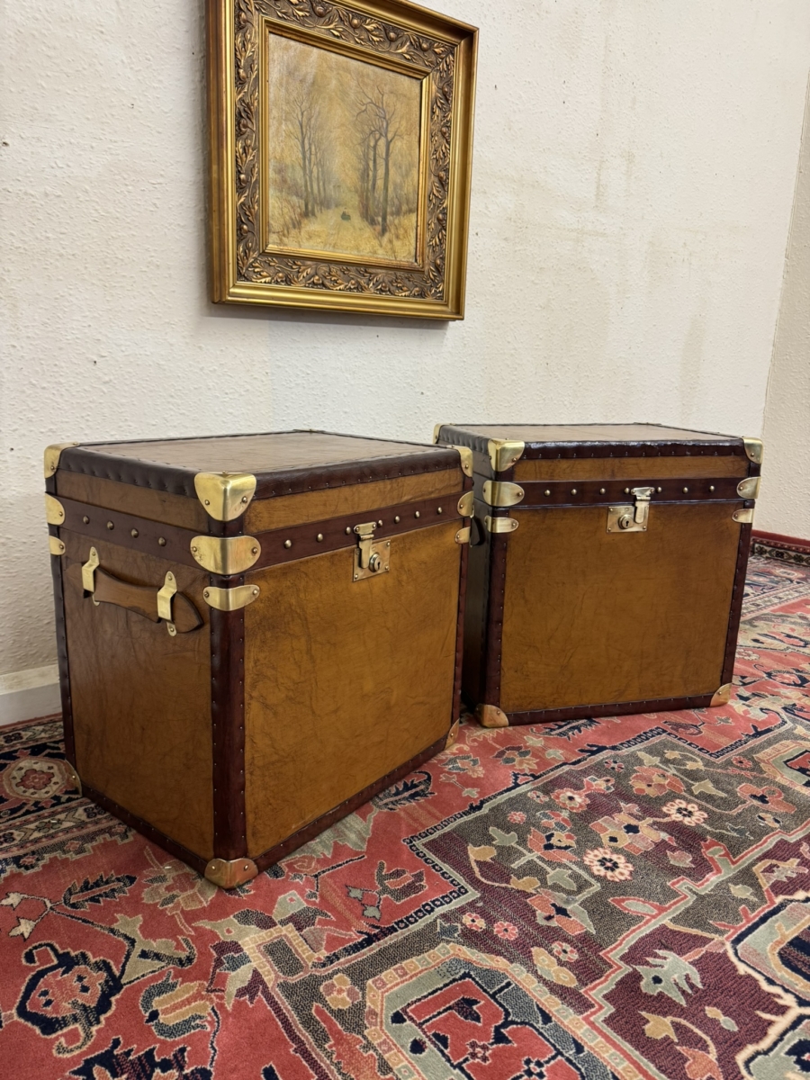 STUNNING PAIR OF TAN LEATHER AND BRASS END TABLES/BOXES/TRUNKS - Image 5