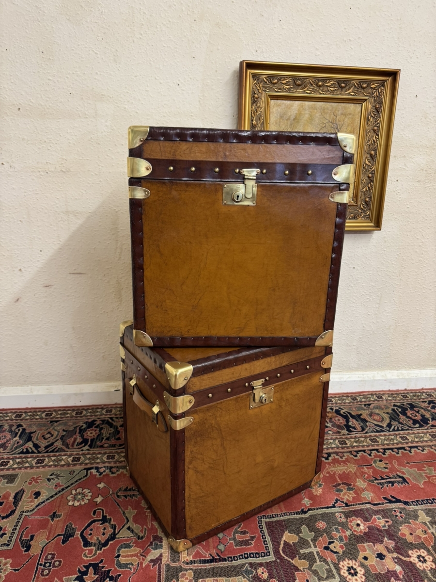 STUNNING PAIR OF TAN LEATHER AND BRASS END TABLES/BOXES/TRUNKS