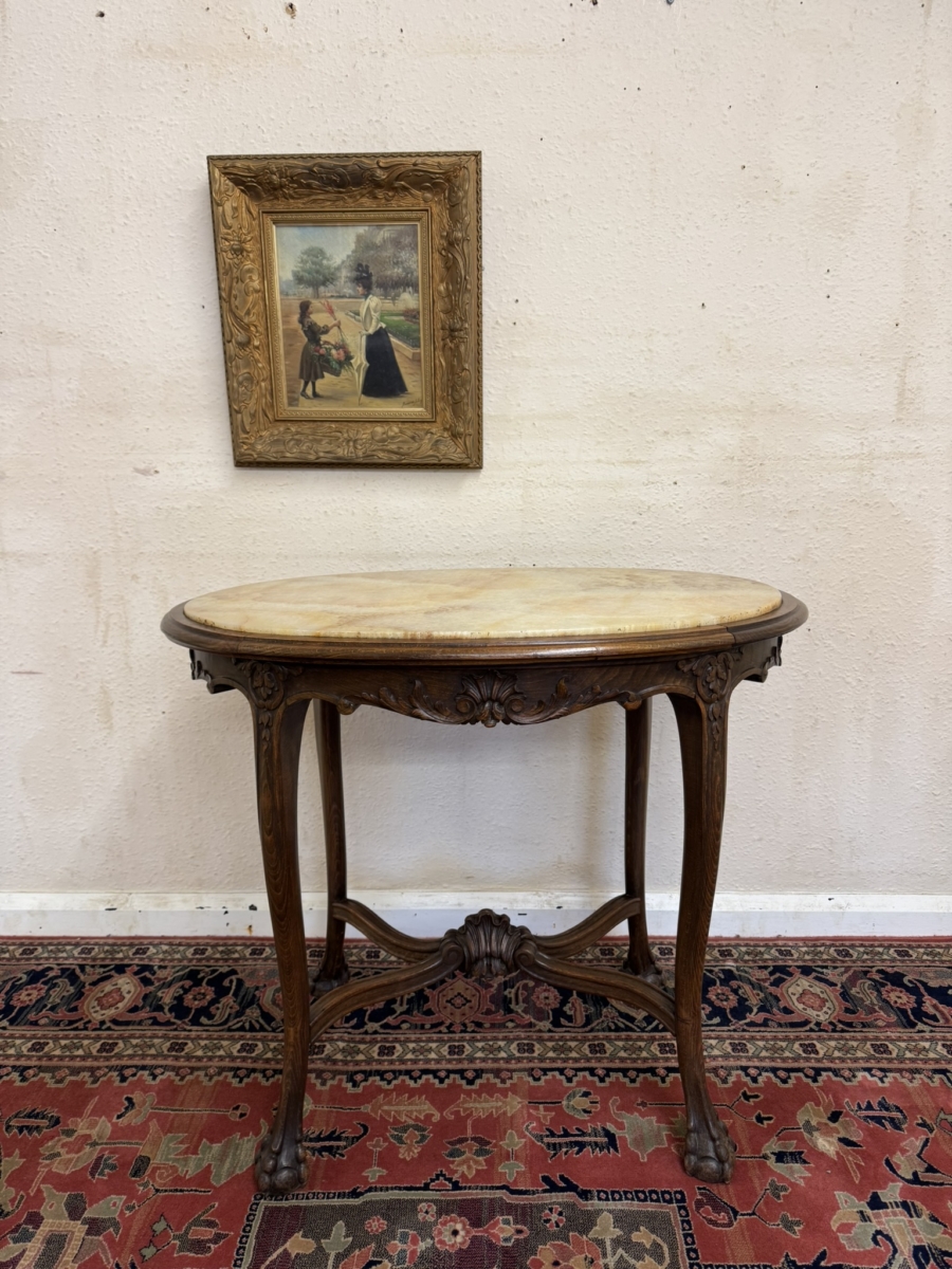 ANTIQUE FRENCH CARVED OAK MARBLE TOP CENTRE TABLE/ACCENT TABLE CIRCA 1930
