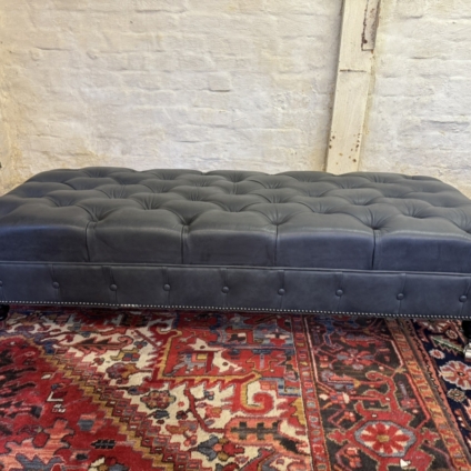 QUALITY BLUE GREY LEATHER LARGE BUTTONED CHESTERFIELD FOOTSTOOL