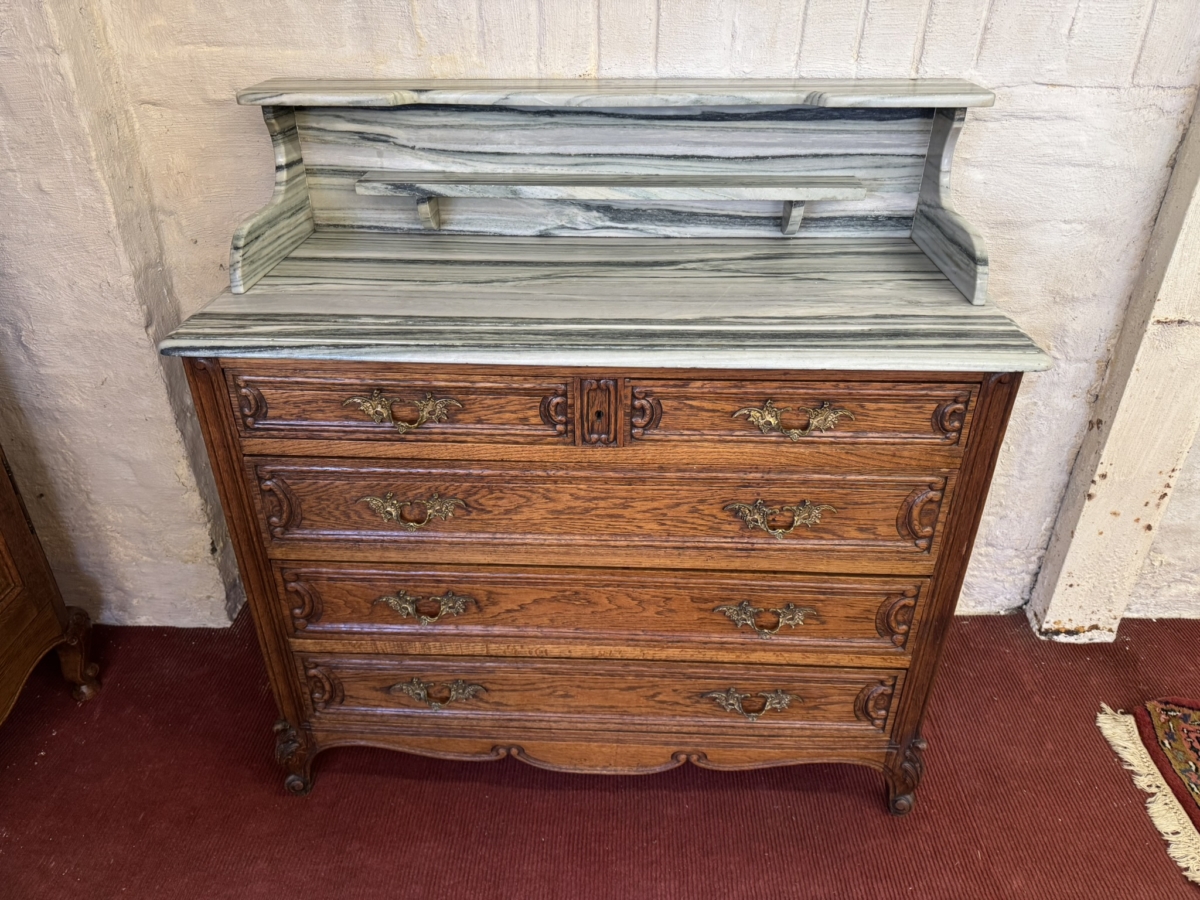 QUALITY ANTIQUE FRENCH CARVED OAK MARBLE TOP COMMODE/WASHSTAND CIRCA 1890 - Image 5