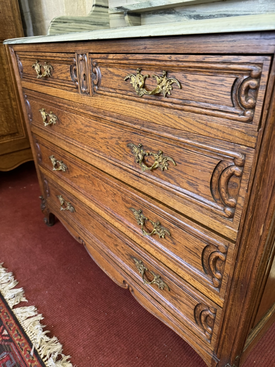 QUALITY ANTIQUE FRENCH CARVED OAK MARBLE TOP COMMODE/WASHSTAND CIRCA 1890 - Image 7