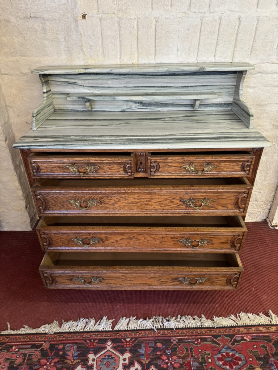 QUALITY ANTIQUE FRENCH CARVED OAK MARBLE TOP COMMODE/WASHSTAND CIRCA 1890 - Image 8