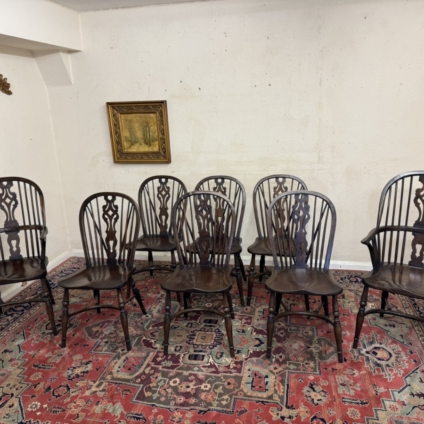 SET OF EIGHT OAK WINDSOR CRINOLINE STRETCHER SUPPORT DINING CHAIRS