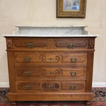 QUALITY ANTIQUE FRENCH CARVED OAK MARBLE TOP WASHSTAND/COMMODE CIRCA 1890