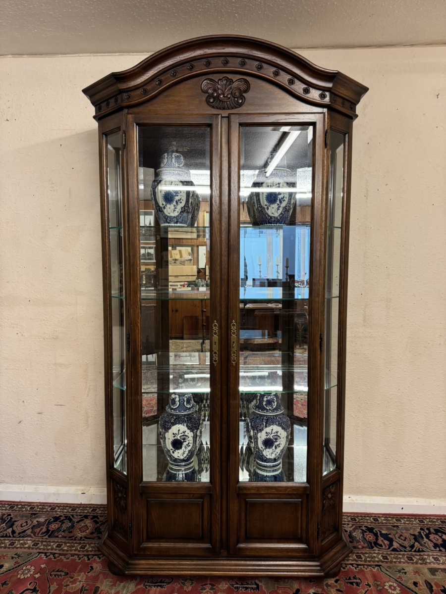 OUTSTANDING QUALITY CARVED OAK GLZED DISPLAY CABINET