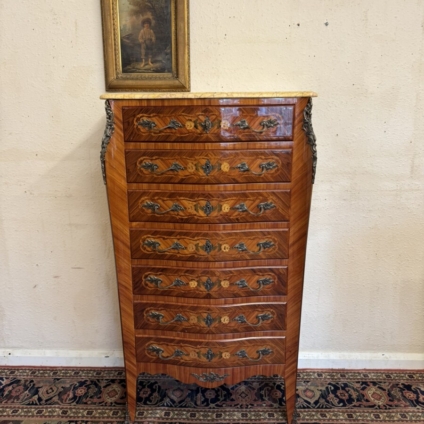 FRENCH MARQUETRY INLAID KINGWOOD MARBLE TOP SEMAINIERS CHEST CIRCA 1950