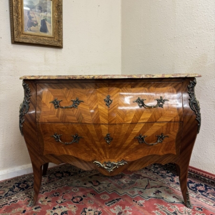 ANTIQUE FRENCH MARBLE TOP MARQUETRY INLAID BOMBE SHAPED COMMODE/CHEST CIRCA 1890