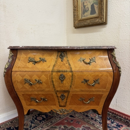 FRENCH MARQUETRY INLAID MARBLE TOP BOMBE SHAPED COMMODE/CHEST CIRCA 1950
