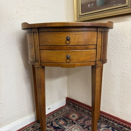 FRENCH WALNUT DEMI LUNE TWO DRAWER SIDE TABLE
