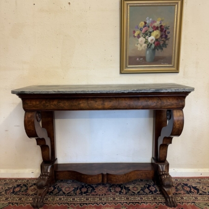 ANTIQUE FRENCH MAHOGANY MARBLE TOP CONSOLE TABLE CIRCA 1850