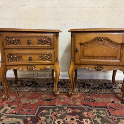 PAIR OF FRENCH CARVED OAK HIS AND HERS CARVED OAK BEDSIDE CABINETS
