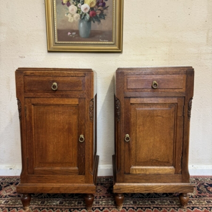 PAIR OF ANTIQUE FRENCH OAK MARBLE TOP BEDSIDE CABINETS CIRCA 1910
