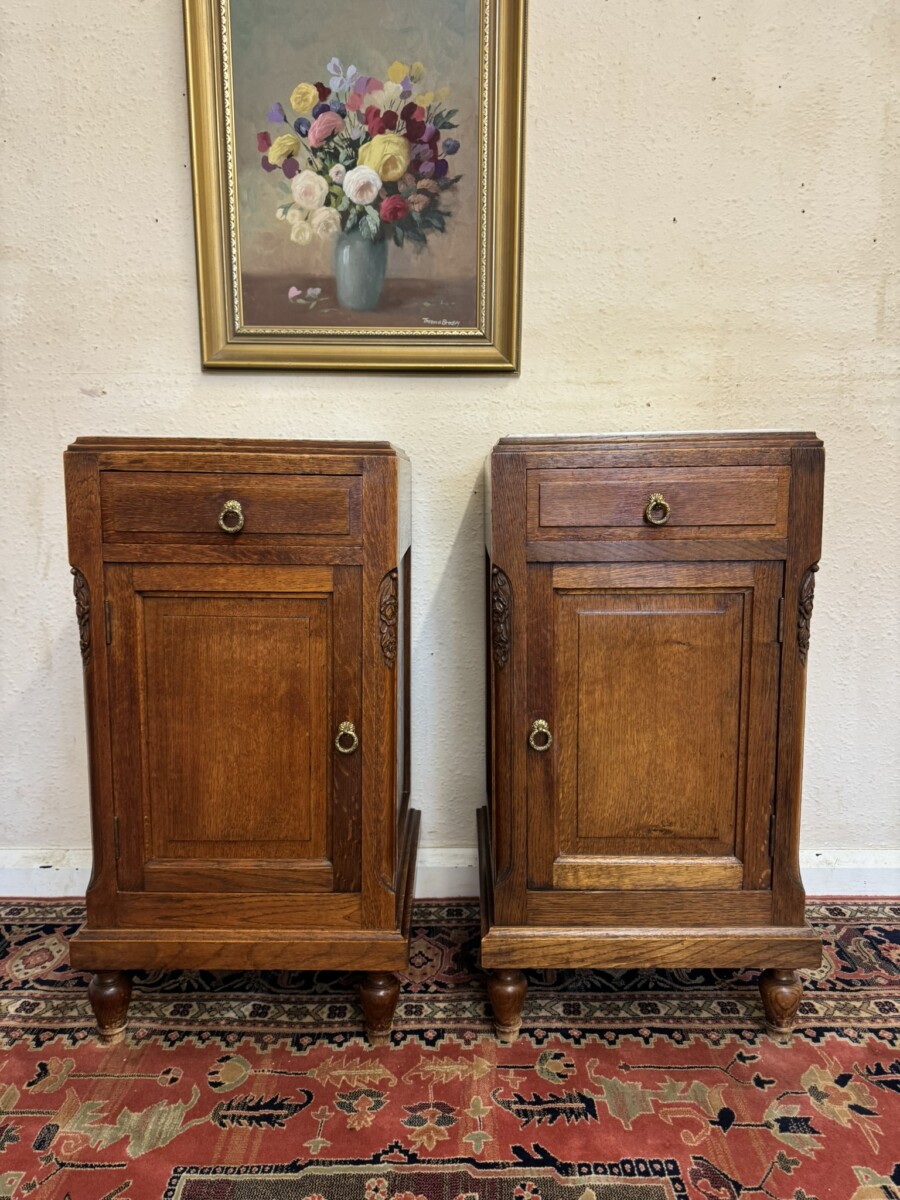 PAIR OF ANTIQUE FRENCH OAK MARBLE TOP BEDSIDE CABINETS CIRCA 1910