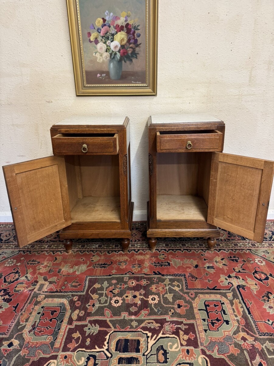 PAIR OF ANTIQUE FRENCH OAK MARBLE TOP BEDSIDE CABINETS CIRCA 1910 - Image 7