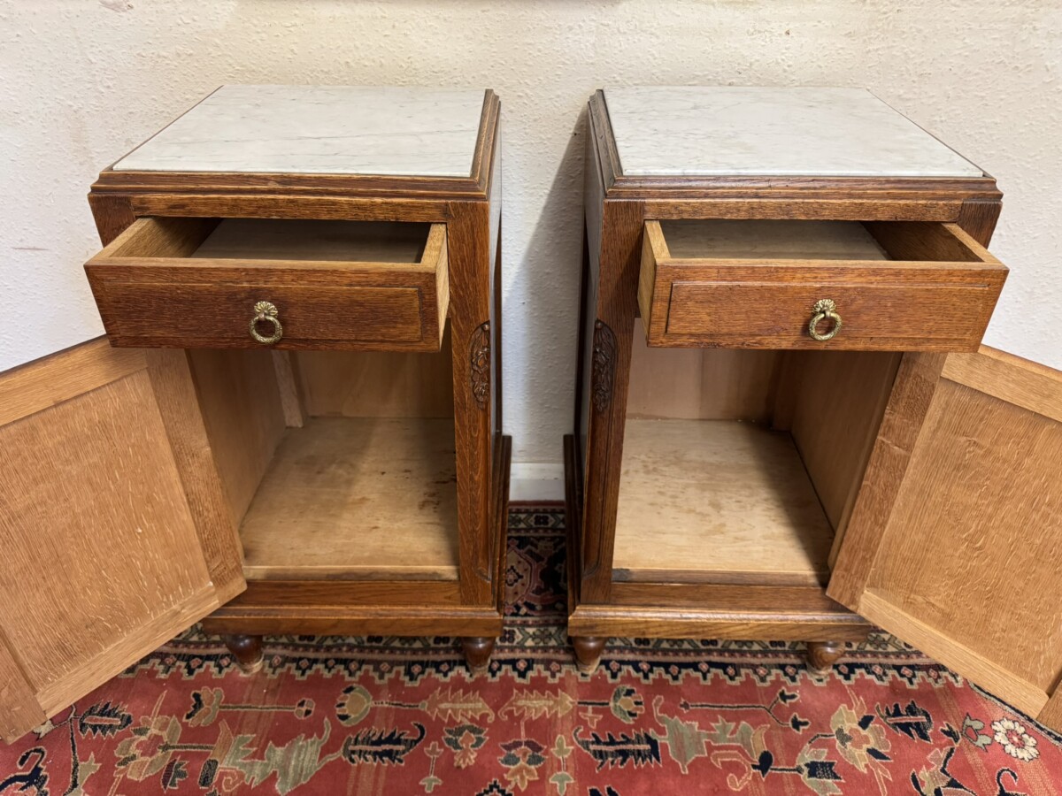 PAIR OF ANTIQUE FRENCH OAK MARBLE TOP BEDSIDE CABINETS CIRCA 1910 - Image 8