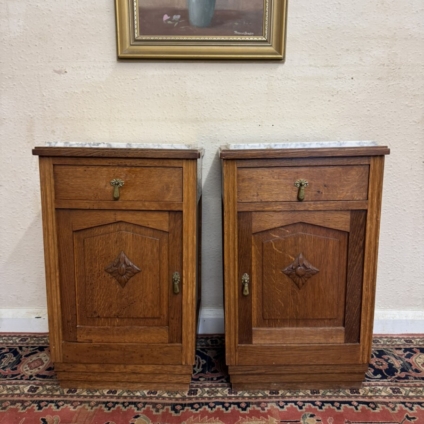 PAIR OF FRENCH OAK ART DECO MARBLE TOP BEDSIDE CABINETS CIRCA 1920