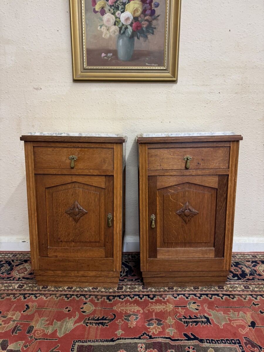 PAIR OF FRENCH OAK ART DECO MARBLE TOP BEDSIDE CABINETS CIRCA 1920