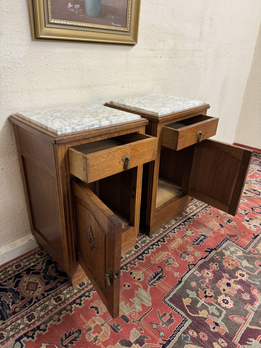 PAIR OF FRENCH OAK ART DECO MARBLE TOP BEDSIDE CABINETS CIRCA 1920 - Image 9