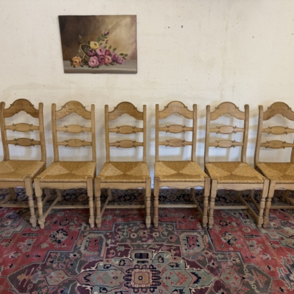 SET OF SIX FRENCH FARMHOUSE RAW OAK DINING CHAIRS CIRCA 1930