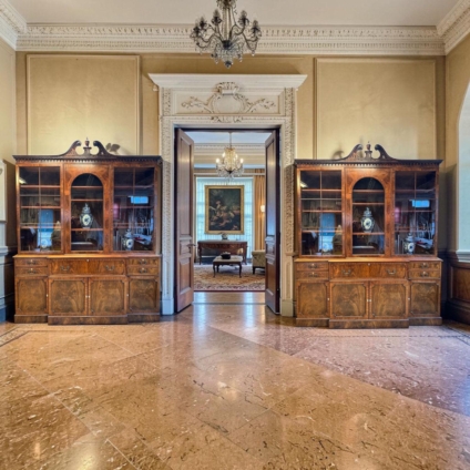 MONUMENTAL PAIR OF WALNUT INLAID SECRETAIRE BOOKCASES CIRCA 1950