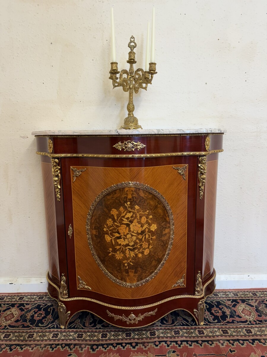 QUALITY FRENCH MARBLE TOP CURVED SIDE CABINET