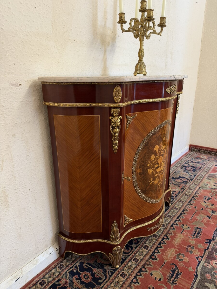 QUALITY FRENCH MARBLE TOP CURVED SIDE CABINET - Image 4