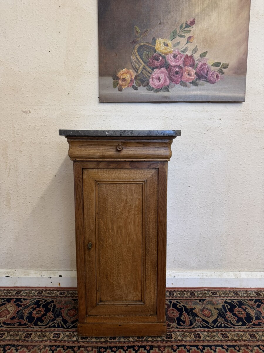 NEAT SIZED FRENCH OAK MARBLE TOP CUPBOARD CIRCA 1900