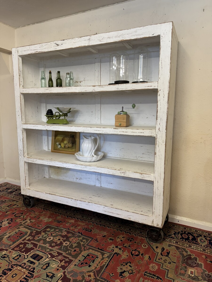 LARGE FRENCH RUSTIC OPEN SHELVING ON IRON INDUSTRIAL WHEELS - Image 2