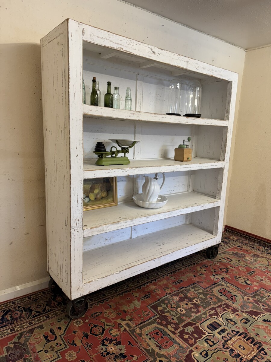 LARGE FRENCH RUSTIC OPEN SHELVING ON IRON INDUSTRIAL WHEELS - Image 3