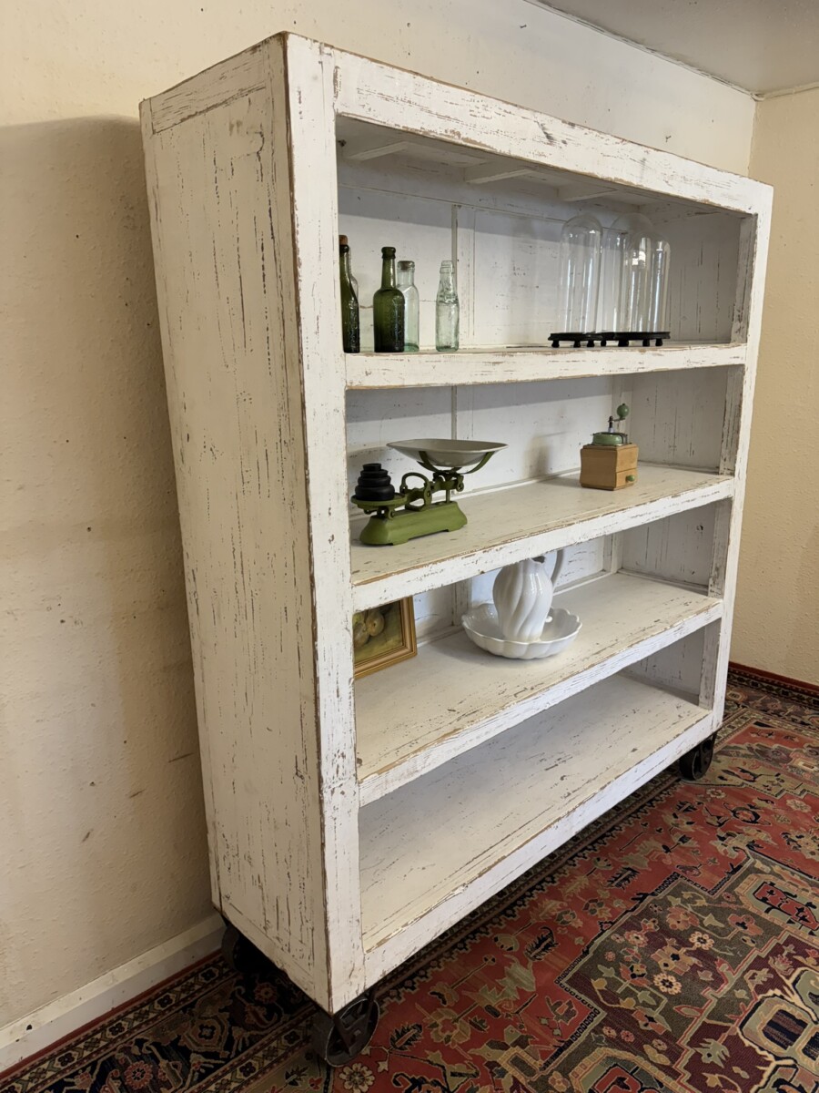 LARGE FRENCH RUSTIC OPEN SHELVING ON IRON INDUSTRIAL WHEELS - Image 4