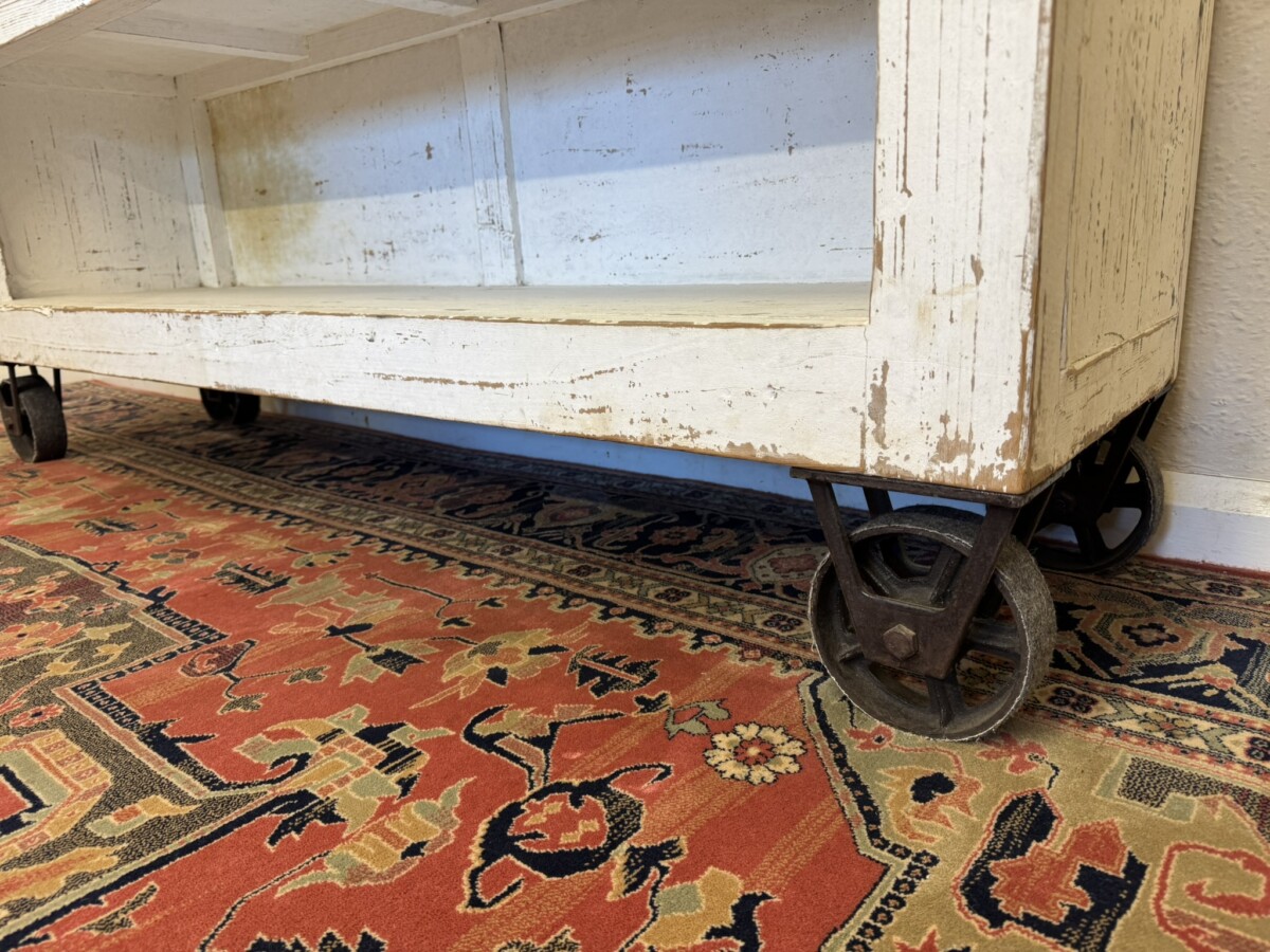 LARGE FRENCH RUSTIC OPEN SHELVING ON IRON INDUSTRIAL WHEELS - Image 6