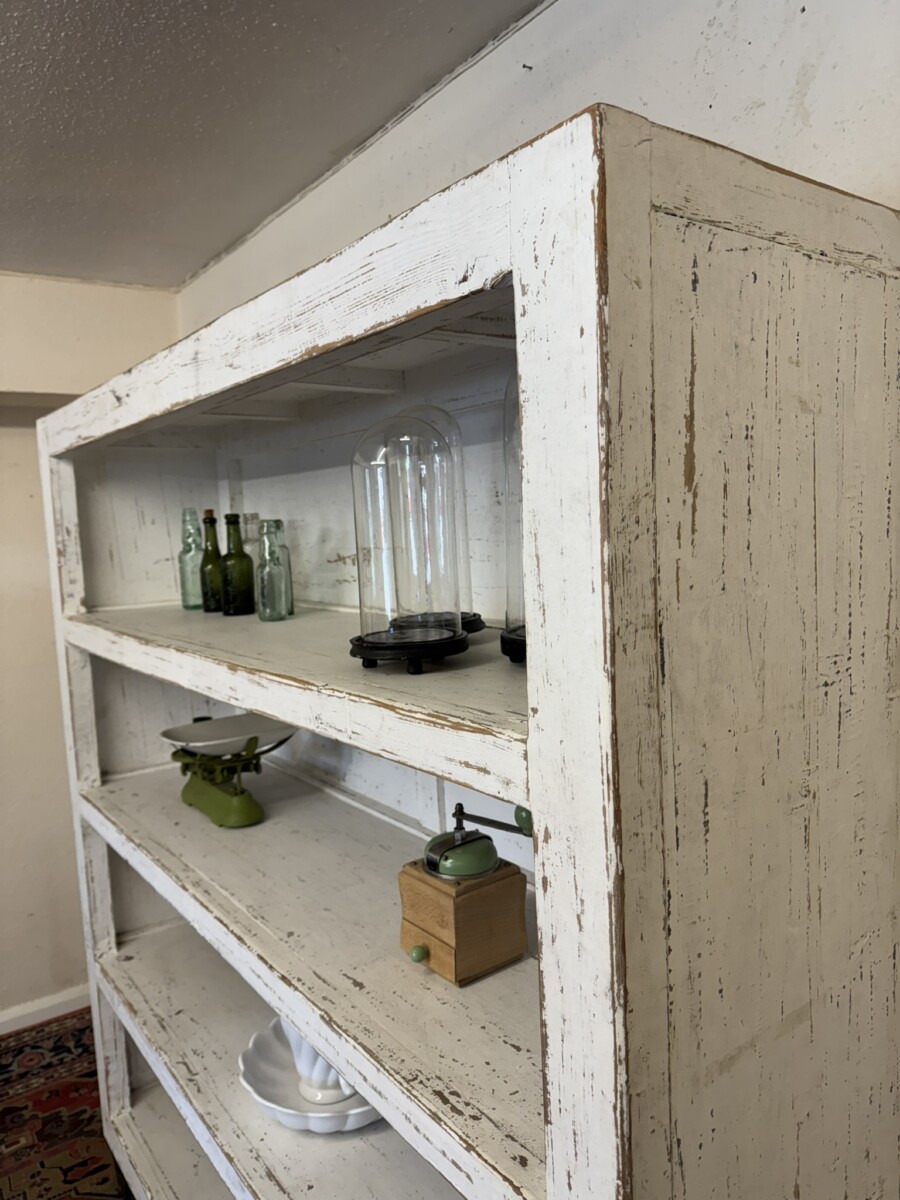 LARGE FRENCH RUSTIC OPEN SHELVING ON IRON INDUSTRIAL WHEELS - Image 7