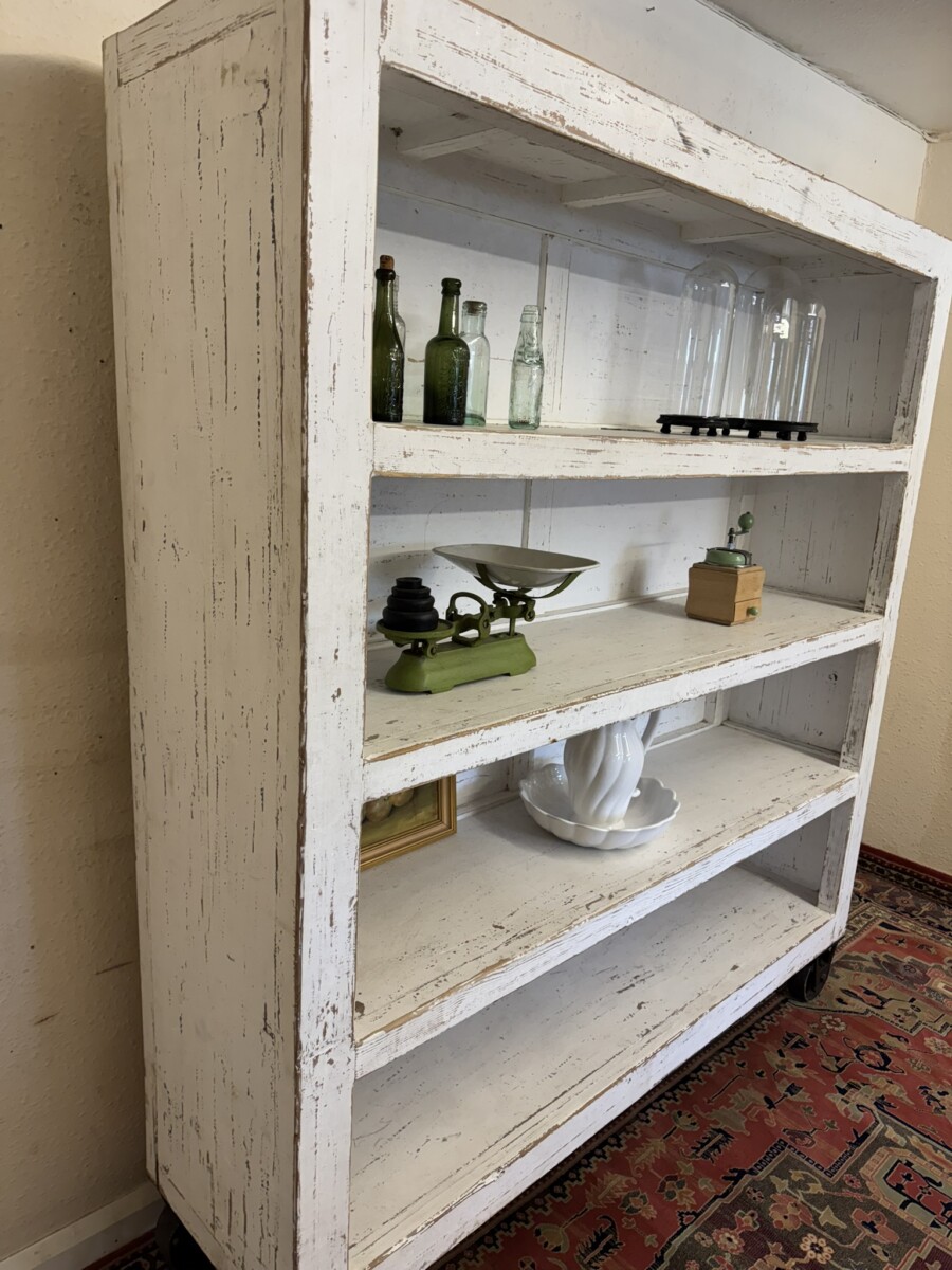 LARGE FRENCH RUSTIC OPEN SHELVING ON IRON INDUSTRIAL WHEELS - Image 9