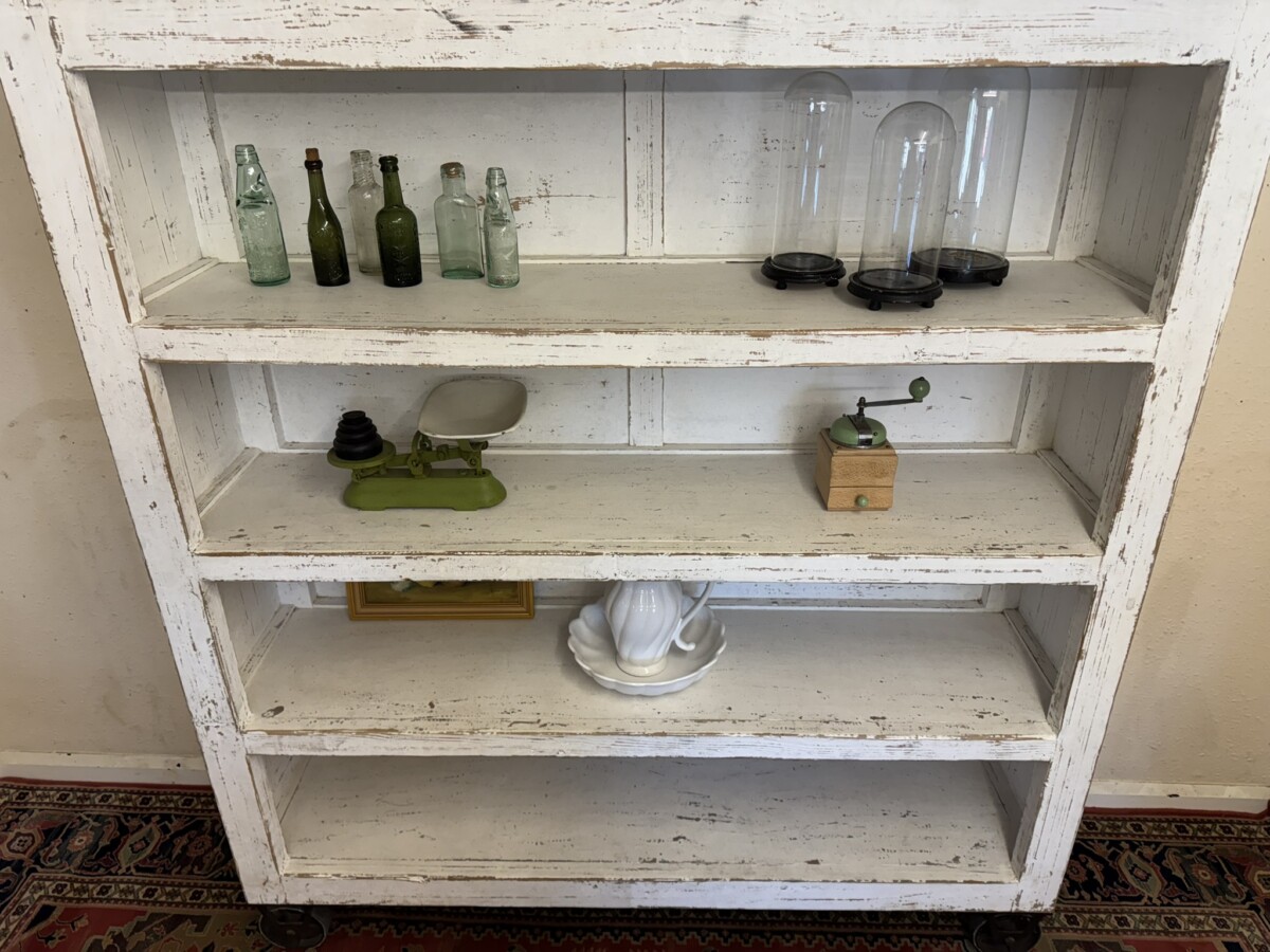 LARGE FRENCH RUSTIC OPEN SHELVING ON IRON INDUSTRIAL WHEELS - Image 10