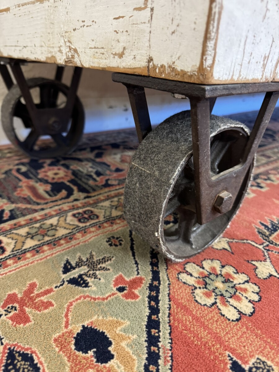 LARGE FRENCH RUSTIC OPEN SHELVING ON IRON INDUSTRIAL WHEELS - Image 12