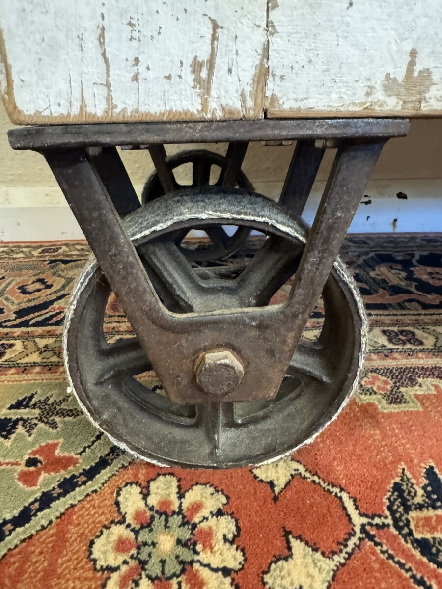 LARGE FRENCH RUSTIC OPEN SHELVING ON IRON INDUSTRIAL WHEELS - Image 13