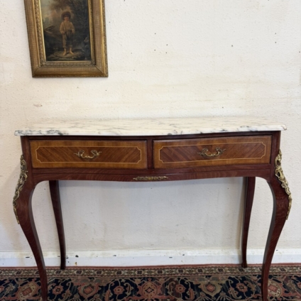 FRENCH KINGWOOD AND GILT MARBLE TOP TWO DRAWER CONSOLE TABLE CIRCA 1950