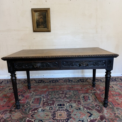 QUALITY ANTIQUE CARVED OAK WRITING TABLE BY JAS SHOOLBRED & CO CIRCA CIRCA 1890
