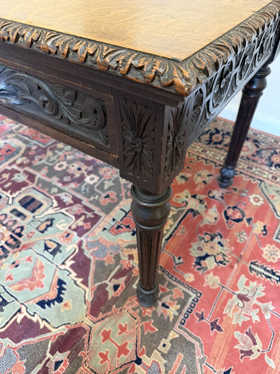 QUALITY ANTIQUE CARVED OAK WRITING TABLE BY JAS SHOOLBRED & CO CIRCA CIRCA 1890 - Image 5