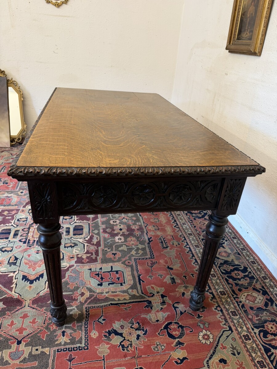 QUALITY ANTIQUE CARVED OAK WRITING TABLE BY JAS SHOOLBRED & CO CIRCA CIRCA 1890 - Image 6