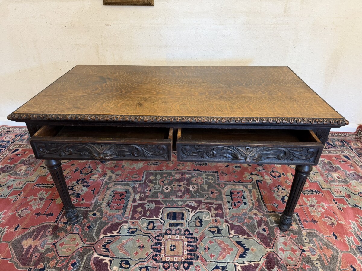 QUALITY ANTIQUE CARVED OAK WRITING TABLE BY JAS SHOOLBRED & CO CIRCA CIRCA 1890 - Image 9