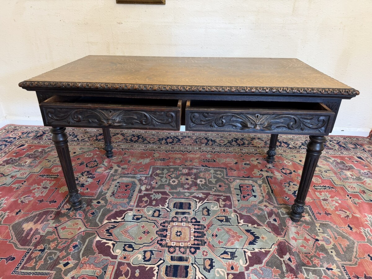 QUALITY ANTIQUE CARVED OAK WRITING TABLE BY JAS SHOOLBRED & CO CIRCA CIRCA 1890 - Image 10