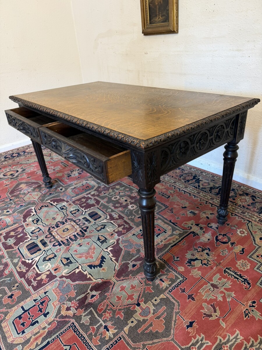 QUALITY ANTIQUE CARVED OAK WRITING TABLE BY JAS SHOOLBRED & CO CIRCA CIRCA 1890 - Image 12