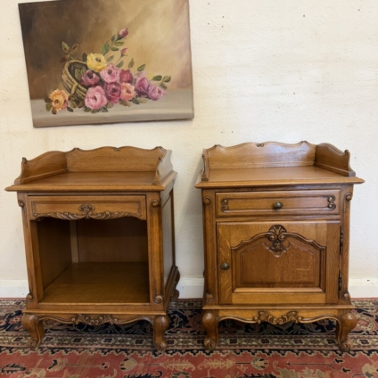 PAIR OF FRENCH CARVED OAK HIS & HERS BEDSIDE CABINETS CIRCA 1950