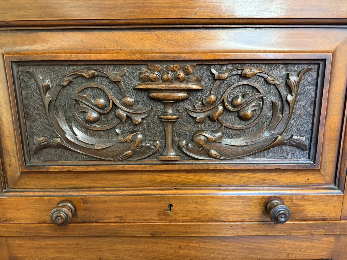 ANTIQUE CARVED WALNUT THREE DOOR BARRISTERS CABINET CIRCA 1910 - Image 5