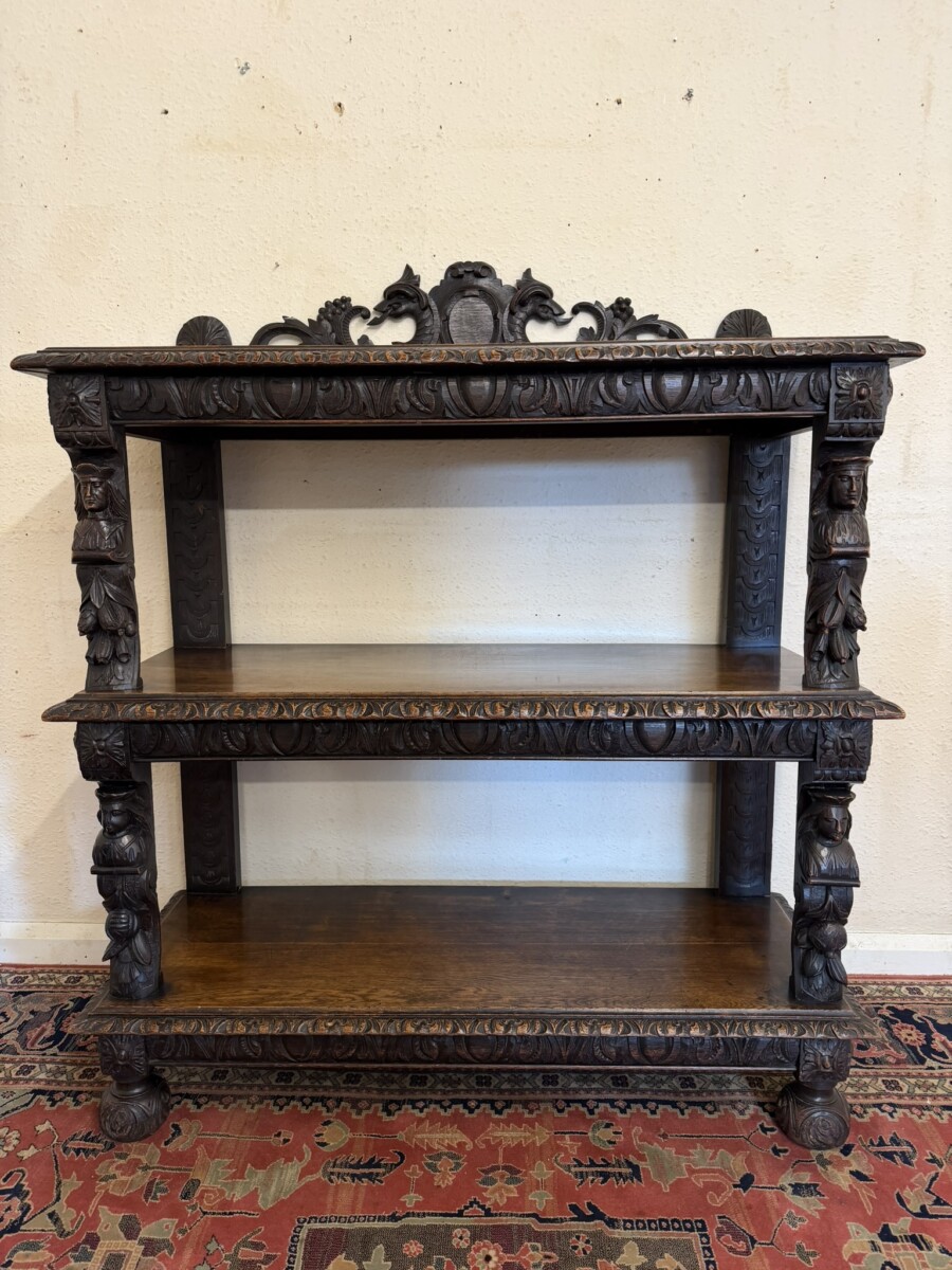 QUALITY ANTIQUE CARVED OAK THREE TIER SERVER BUFFET CIRCA 1890