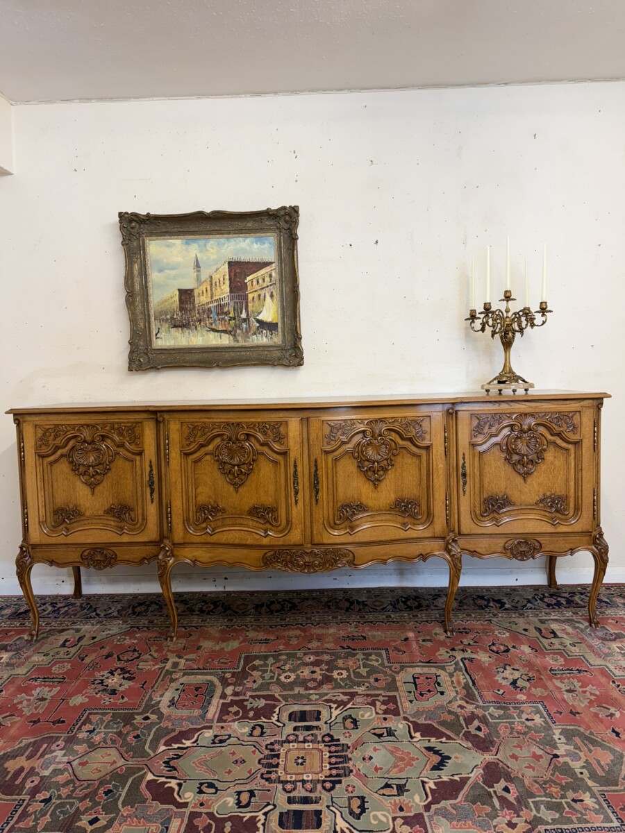ANTIQUE FRENCH SHAPED CARVED OAK FOUR DOOR ENFILADE/CREDENZA CIRCA 1930 - Image 2