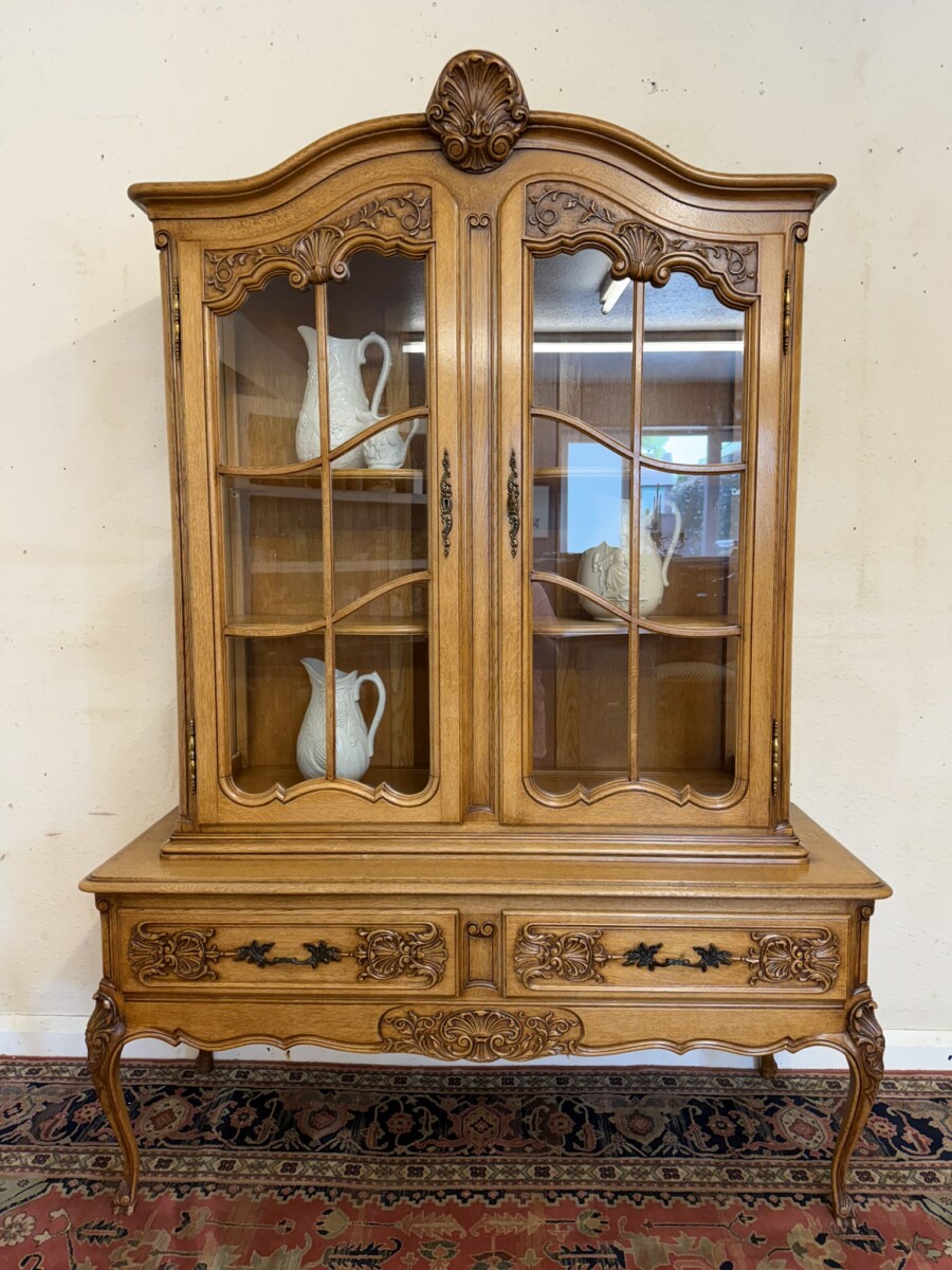 ANTIQUE FRENCH CARVED OAK GLAZED CABINET CIRCA 1930